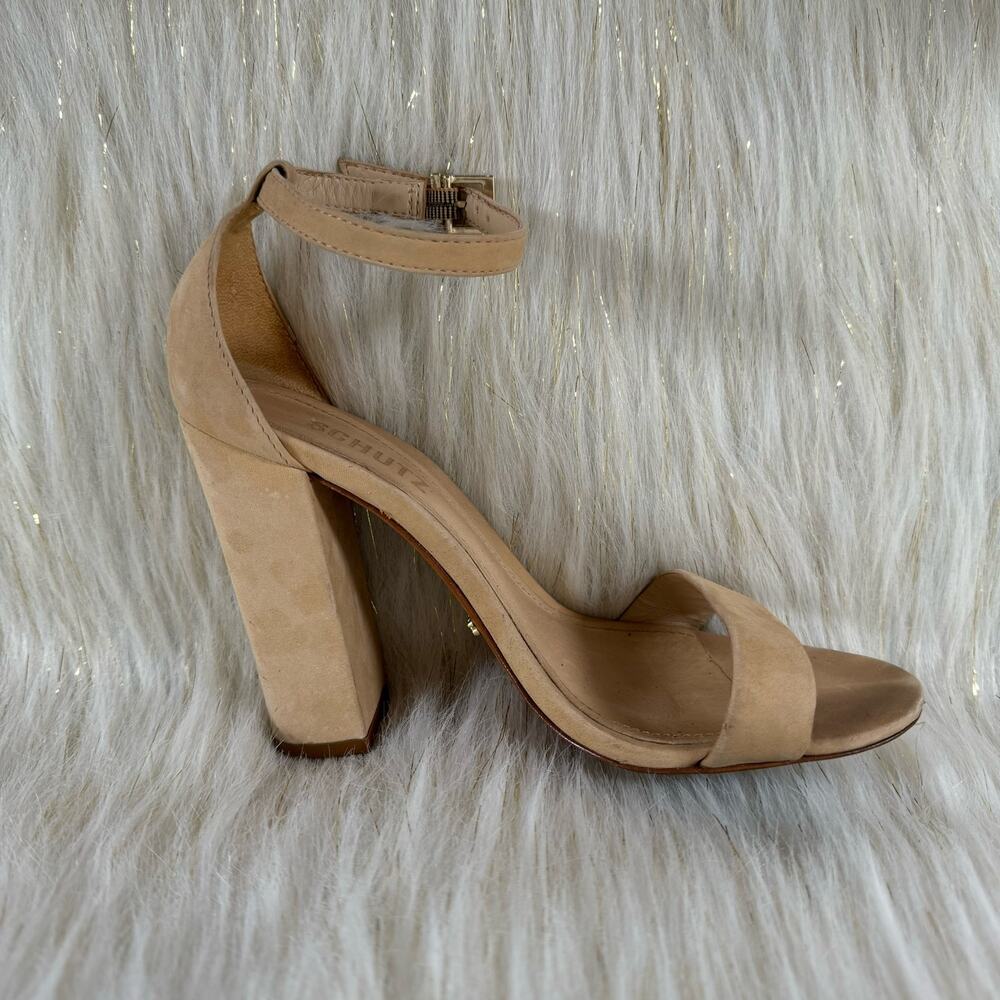 Schutz Women's Beige Enida Suede Ankle Strap Sandals Heels Shoes $145 7 B